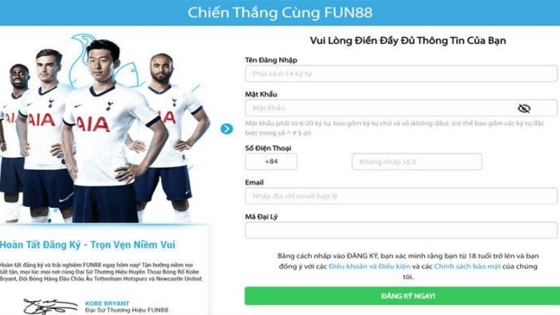 Biểu mẫu đăng ký tài khoản Fun88 trên trình duyệt web